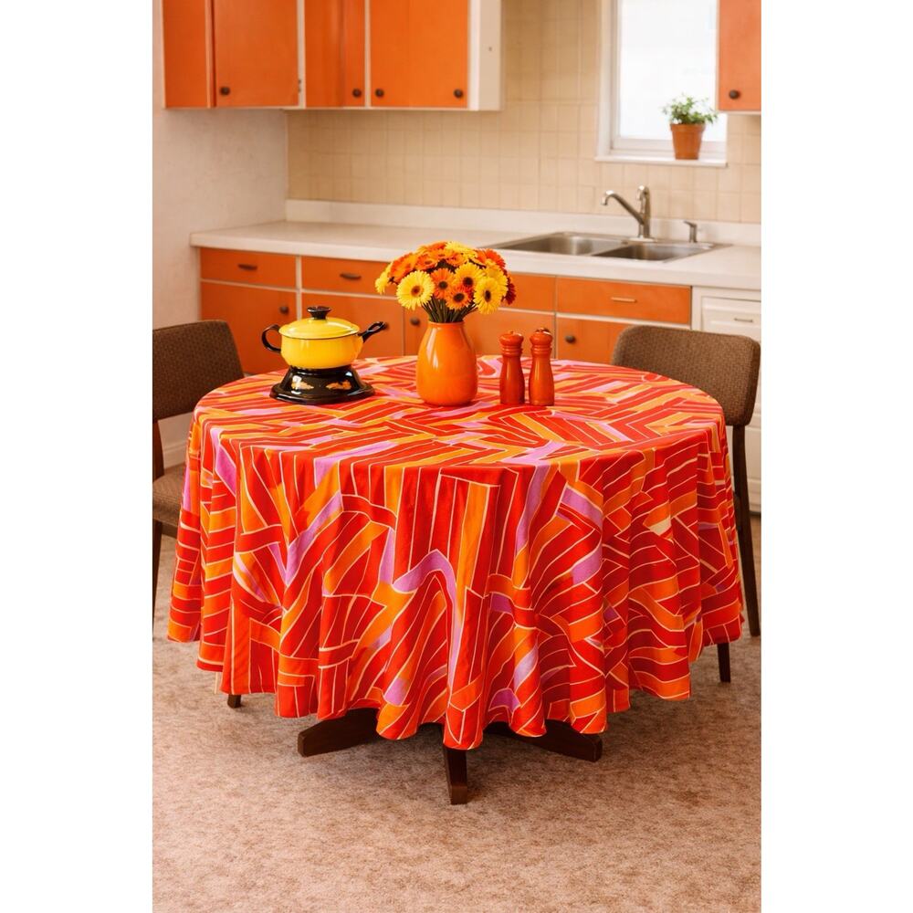 Vintage 60s 70s Round Tablecloth Geometric Red Orange Pink 78 Inch
